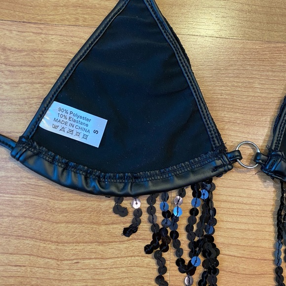Black Faux Leather & Sequin Fringe Festival Bra Top - Picture 4 of 7